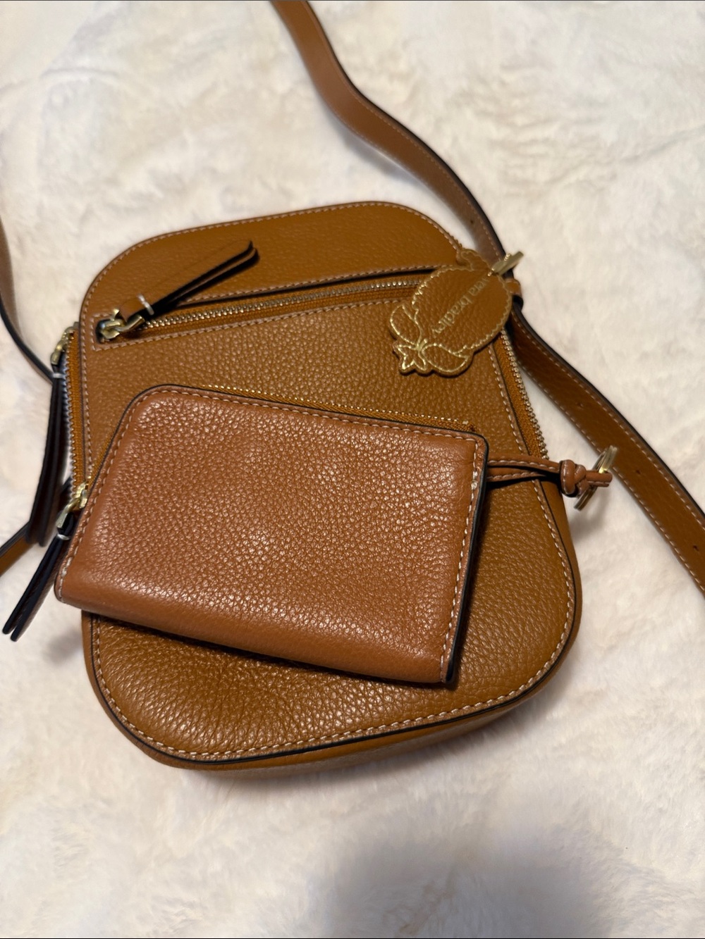 Vera Bradley Cognac Brown Pebbled Leather Crossbody with Matching Wallet